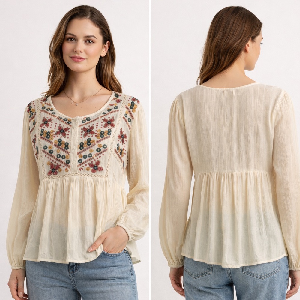 NWT Nekane Sunuti Embroidered Beaded Boho Blouse Ecru Viscose Size Small